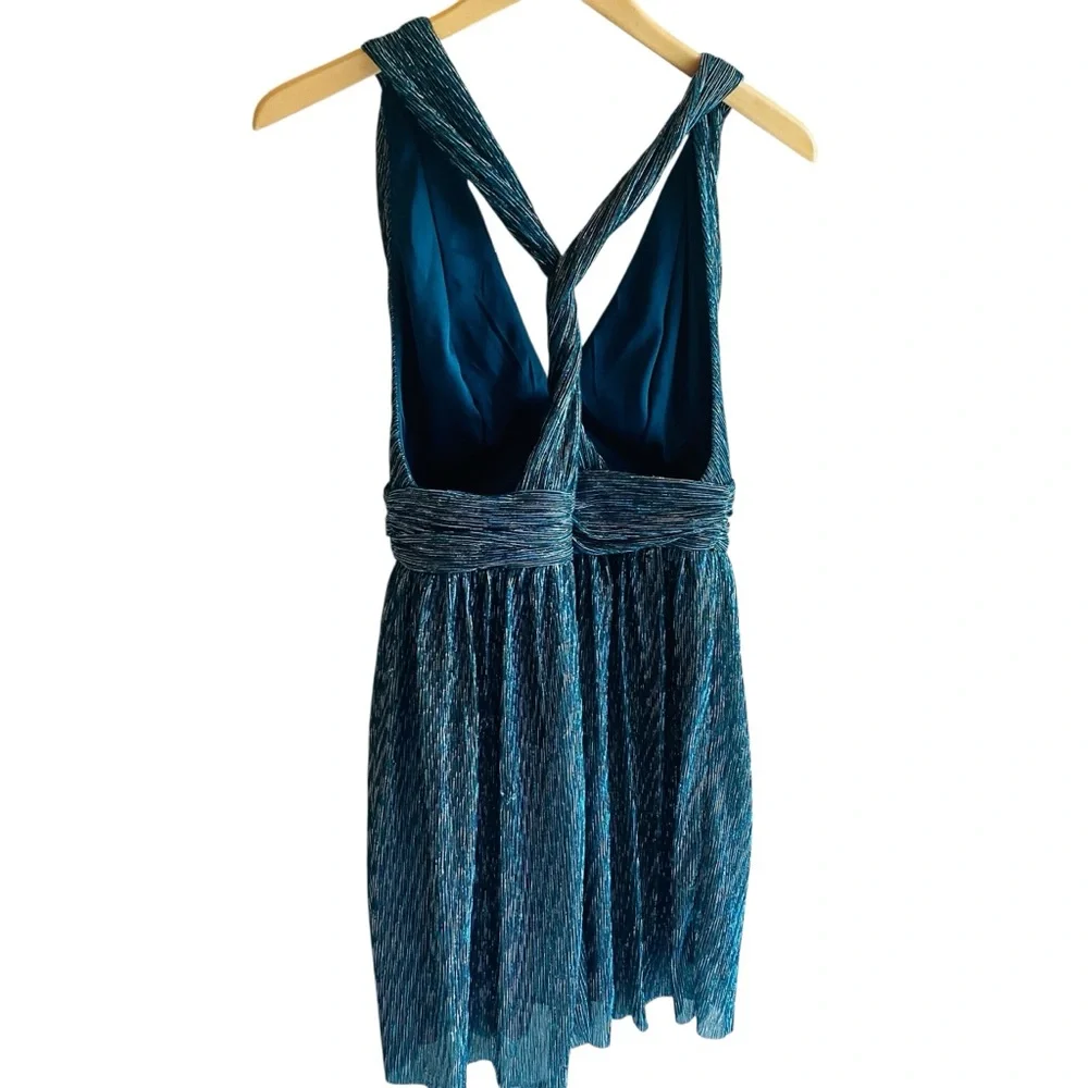 Lulus Ailey Halter Mini Dress Skater Style Twist Back Deep V Metallic Teal Sz M - Picture 6 of 9